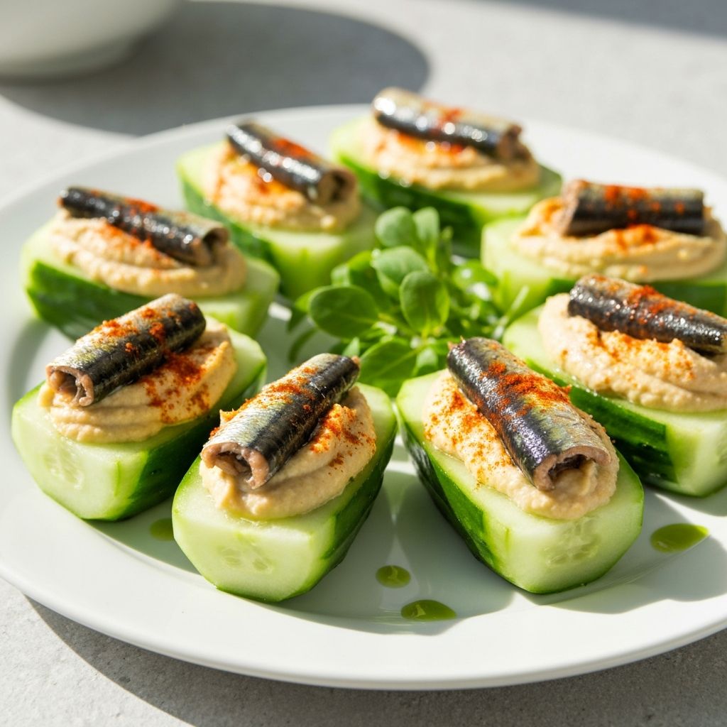 Sardine & Hummus Cucumber Boats
