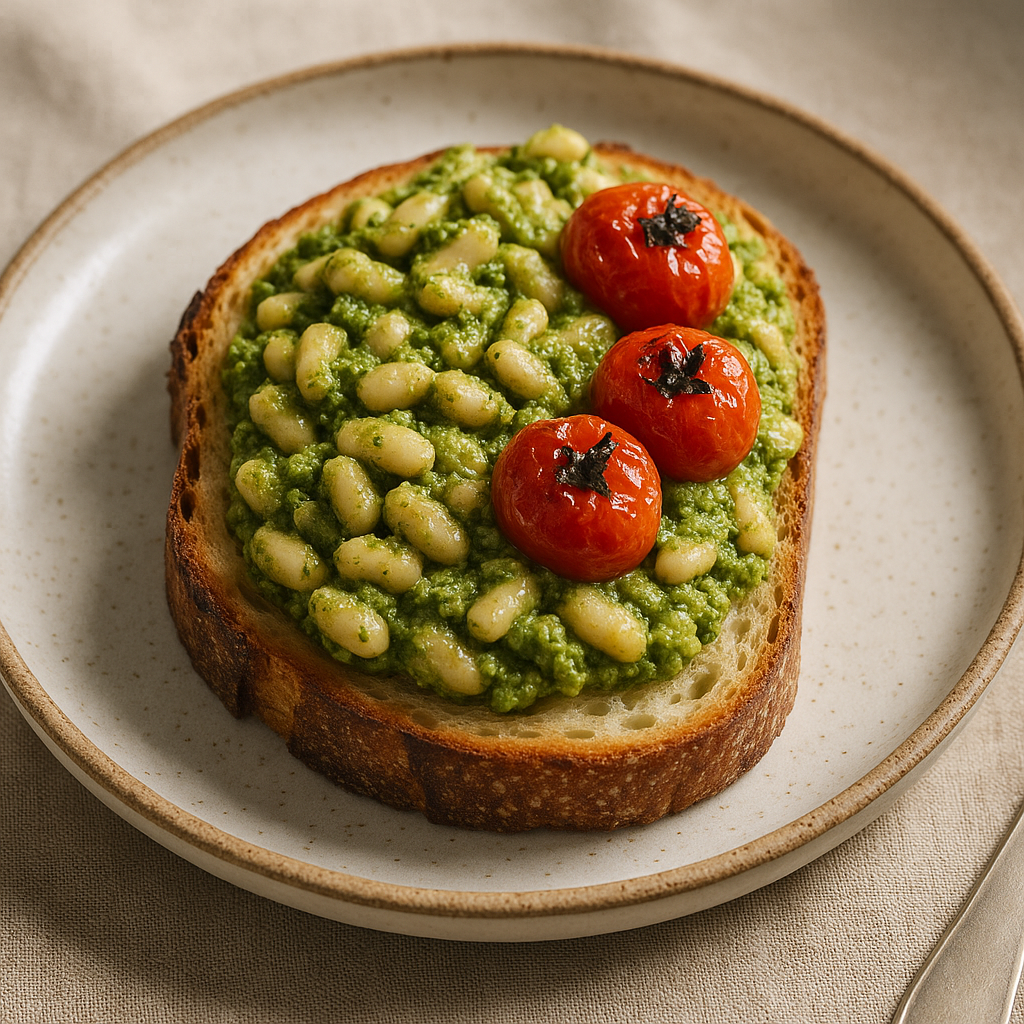 Smashed White Bean and Pesto on Thick Bread
